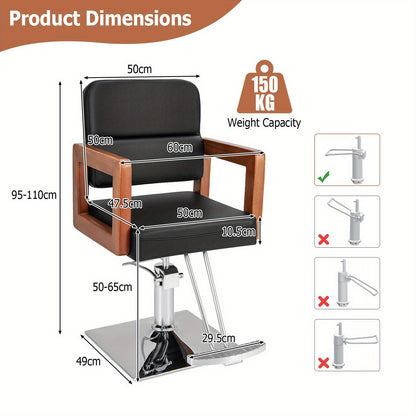 Barberstoel – Kappersstoel – Hairstylingstoel – Salonstoel – Beautystoel – 360° Draaibaar – Verstelbare Hoogte 50-65 cm – Houten Armleuningen – Stabiele Metalen Basis