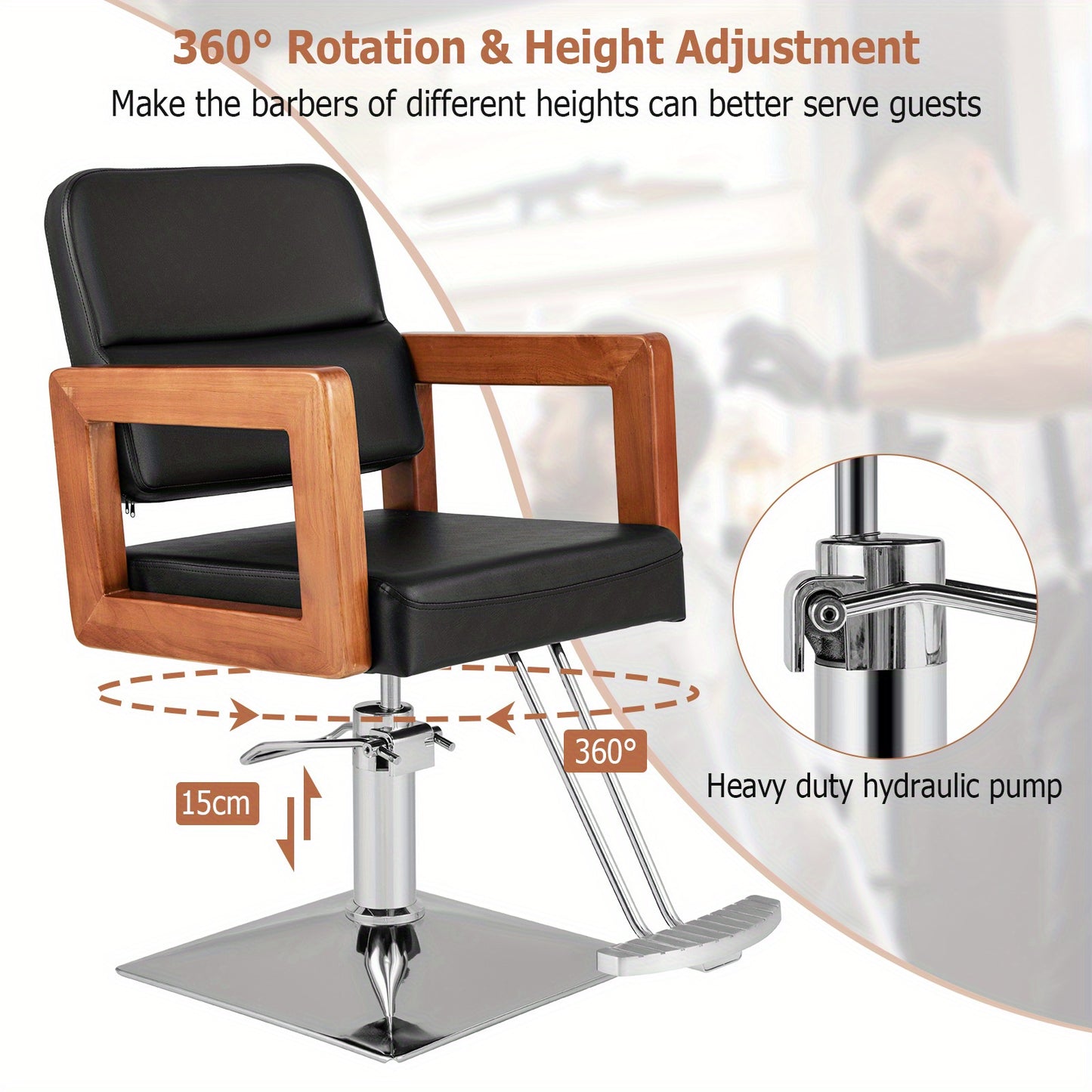 Barberstoel – Kappersstoel – Hairstylingstoel – Salonstoel – Beautystoel – 360° Draaibaar – Verstelbare Hoogte 50-65 cm – Houten Armleuningen – Stabiele Metalen Basis