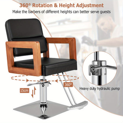 Barberstoel – Kappersstoel – Hairstylingstoel – Salonstoel – Beautystoel – 360° Draaibaar – Verstelbare Hoogte 50-65 cm – Houten Armleuningen – Stabiele Metalen Basis