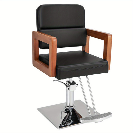 Barberstoel – Kappersstoel – Hairstylingstoel – Salonstoel – Beautystoel – 360° Draaibaar – Verstelbare Hoogte 50-65 cm – Houten Armleuningen – Stabiele Metalen Basis