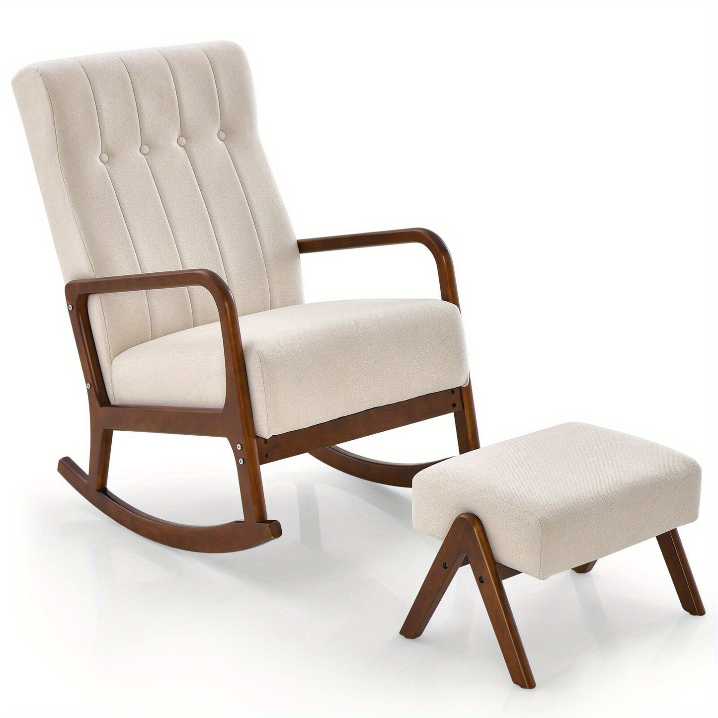 Schommelstoel – Relaxstoel – Fauteuil – Loungestoel – Voedingsstoel – Katoen-Linnen Bekleding – Massief Rubberhout Frame – Met Ottomaan – Ergonomisch Design – Beige