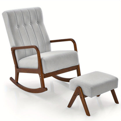 Schommelstoel – Relaxstoel – Fauteuil – Voedingsstoel – Lounge Stoel – Met Bijpassende Ottoman – Robuust Rubberwood Frame – Hoogwaardig Katoen-Linnen Bekleed