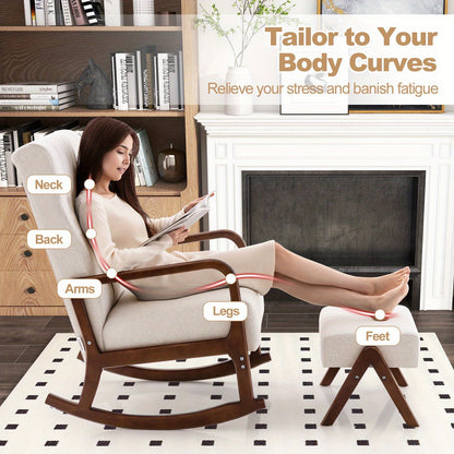 Schommelstoel – Relaxstoel – Fauteuil – Loungestoel – Voedingsstoel – Katoen-Linnen Bekleding – Massief Rubberhout Frame – Met Ottomaan – Ergonomisch Design – Beige