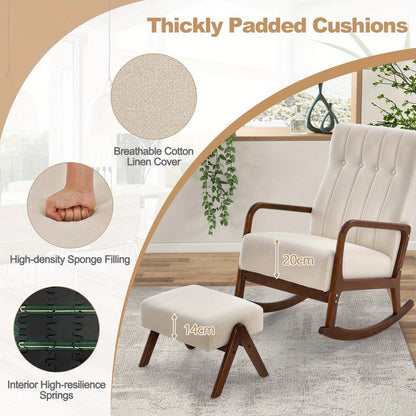 Schommelstoel – Relaxstoel – Fauteuil – Loungestoel – Voedingsstoel – Katoen-Linnen Bekleding – Massief Rubberhout Frame – Met Ottomaan – Ergonomisch Design – Beige
