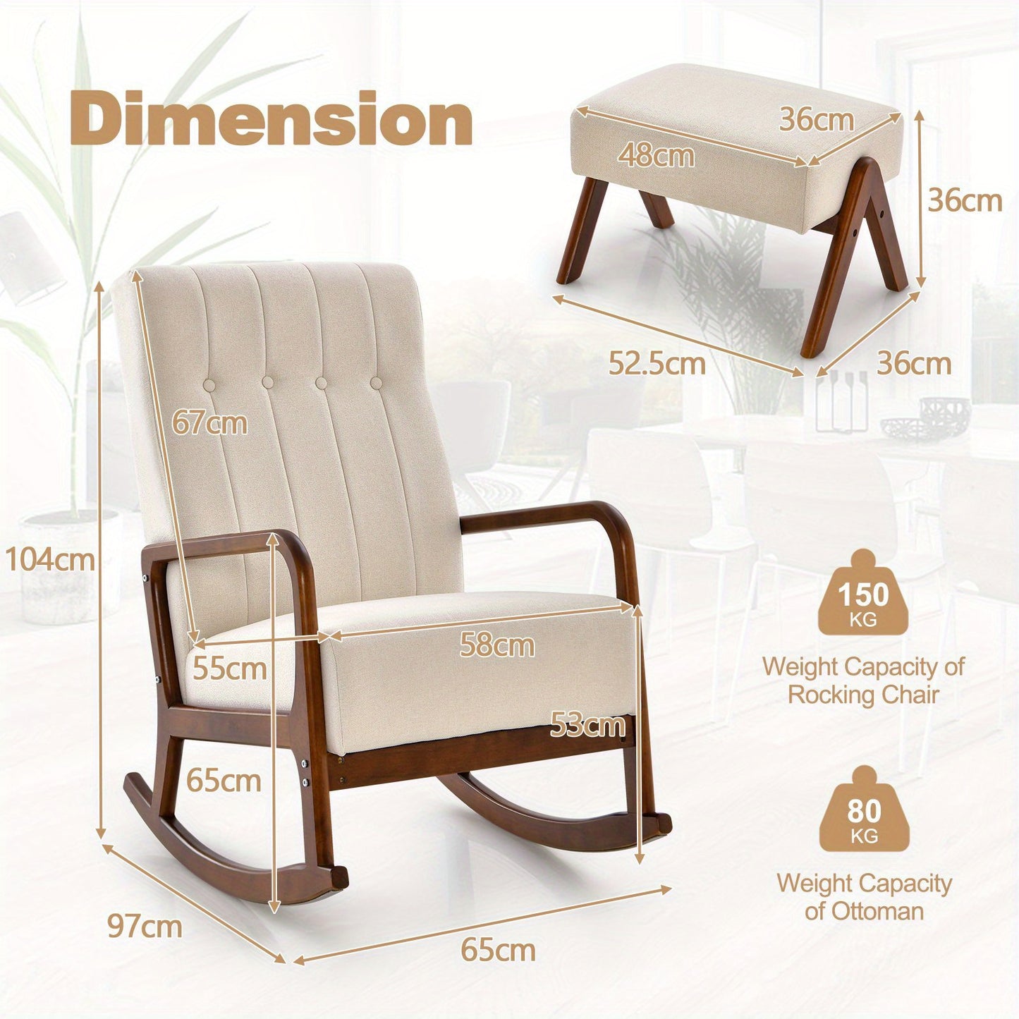 Schommelstoel – Relaxstoel – Fauteuil – Loungestoel – Voedingsstoel – Katoen-Linnen Bekleding – Massief Rubberhout Frame – Met Ottomaan – Ergonomisch Design – Beige