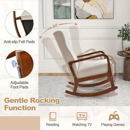 Schommelstoel – Relaxstoel – Fauteuil – Loungestoel – Voedingsstoel – Katoen-Linnen Bekleding – Massief Rubberhout Frame – Met Ottomaan – Ergonomisch Design – Beige