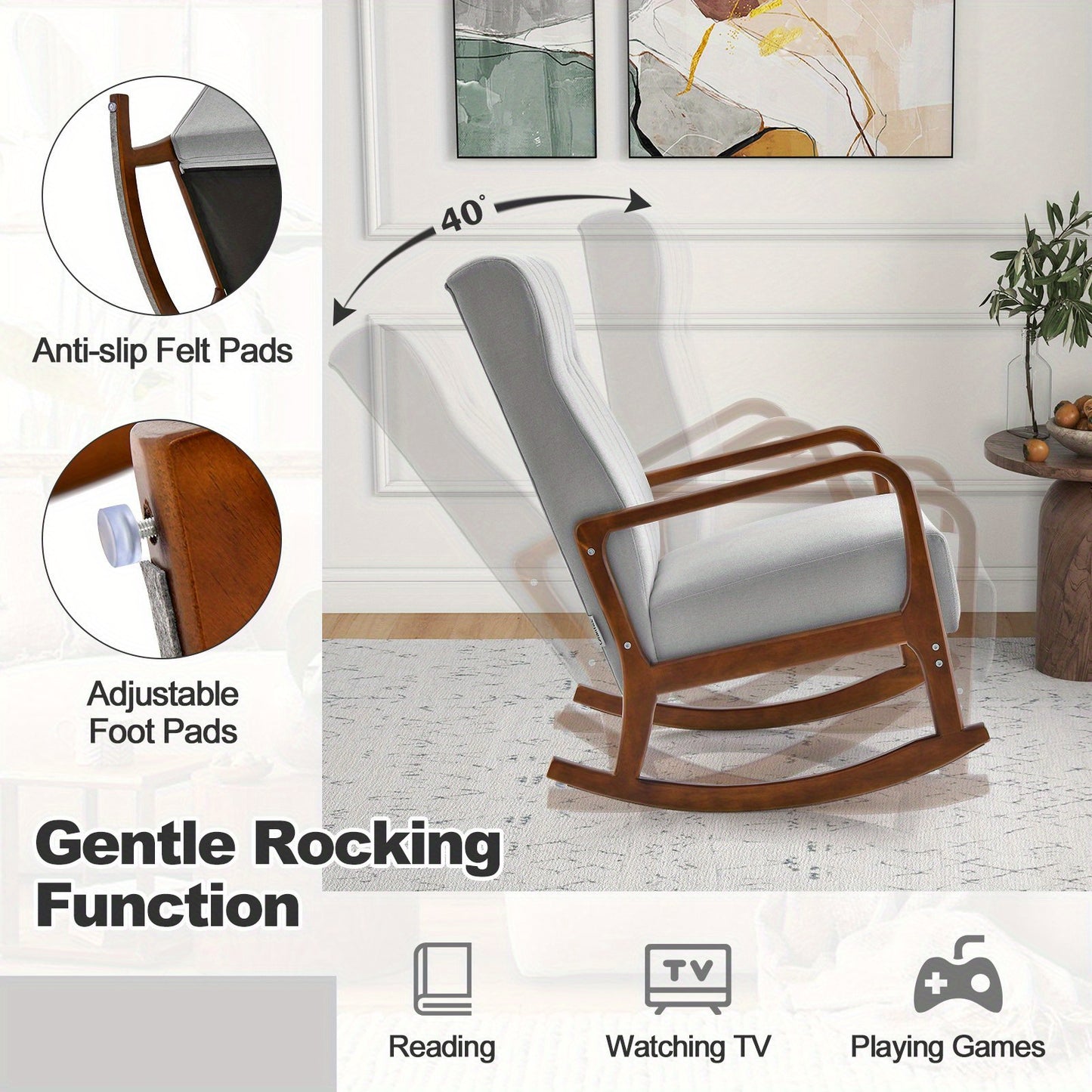 Schommelstoel – Relaxstoel – Fauteuil – Voedingsstoel – Lounge Stoel – Met Bijpassende Ottoman – Robuust Rubberwood Frame – Hoogwaardig Katoen-Linnen Bekleed