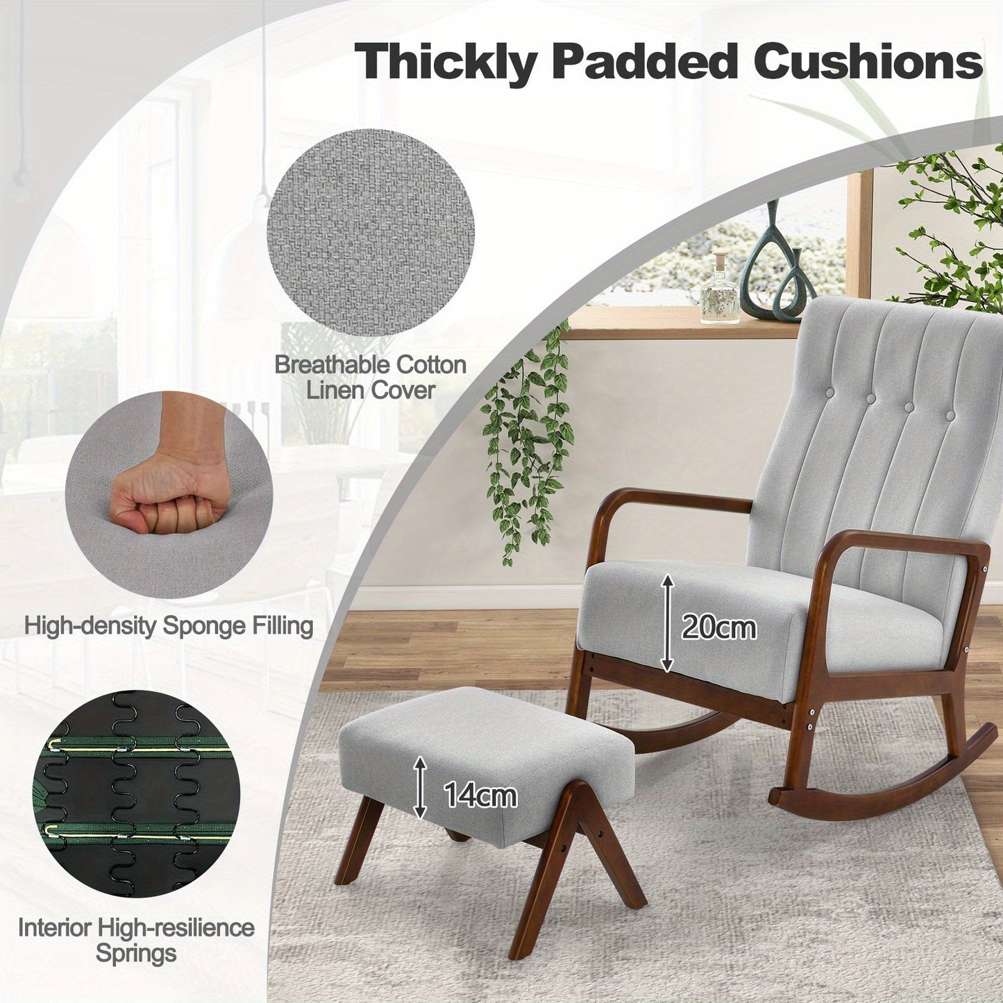 Schommelstoel – Relaxstoel – Fauteuil – Voedingsstoel – Lounge Stoel – Met Bijpassende Ottoman – Robuust Rubberwood Frame – Hoogwaardig Katoen-Linnen Bekleed