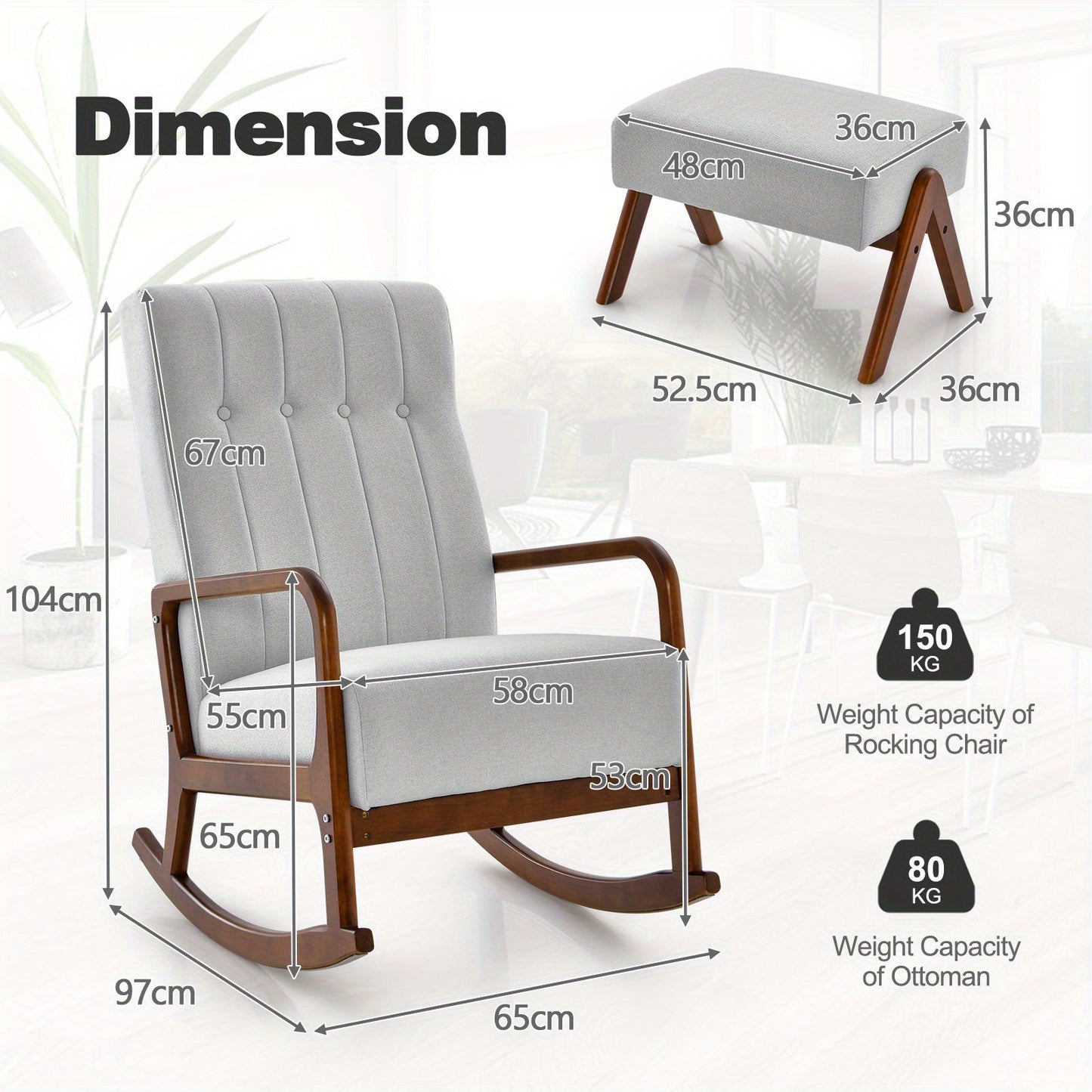 Schommelstoel – Relaxstoel – Fauteuil – Voedingsstoel – Lounge Stoel – Met Bijpassende Ottoman – Robuust Rubberwood Frame – Hoogwaardig Katoen-Linnen Bekleed