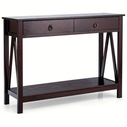 Sidetable – Console Tafel – Bijzettafel – Accenttafel – Sofa Tafel – Espresso Kleur – Massief Hout & MDF – Grote Lade & Onderplank
