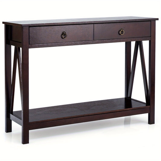 Sidetable – Console Tafel – Bijzettafel – Accenttafel – Sofa Tafel – Espresso Kleur – Massief Hout & MDF – Grote Lade & Onderplank