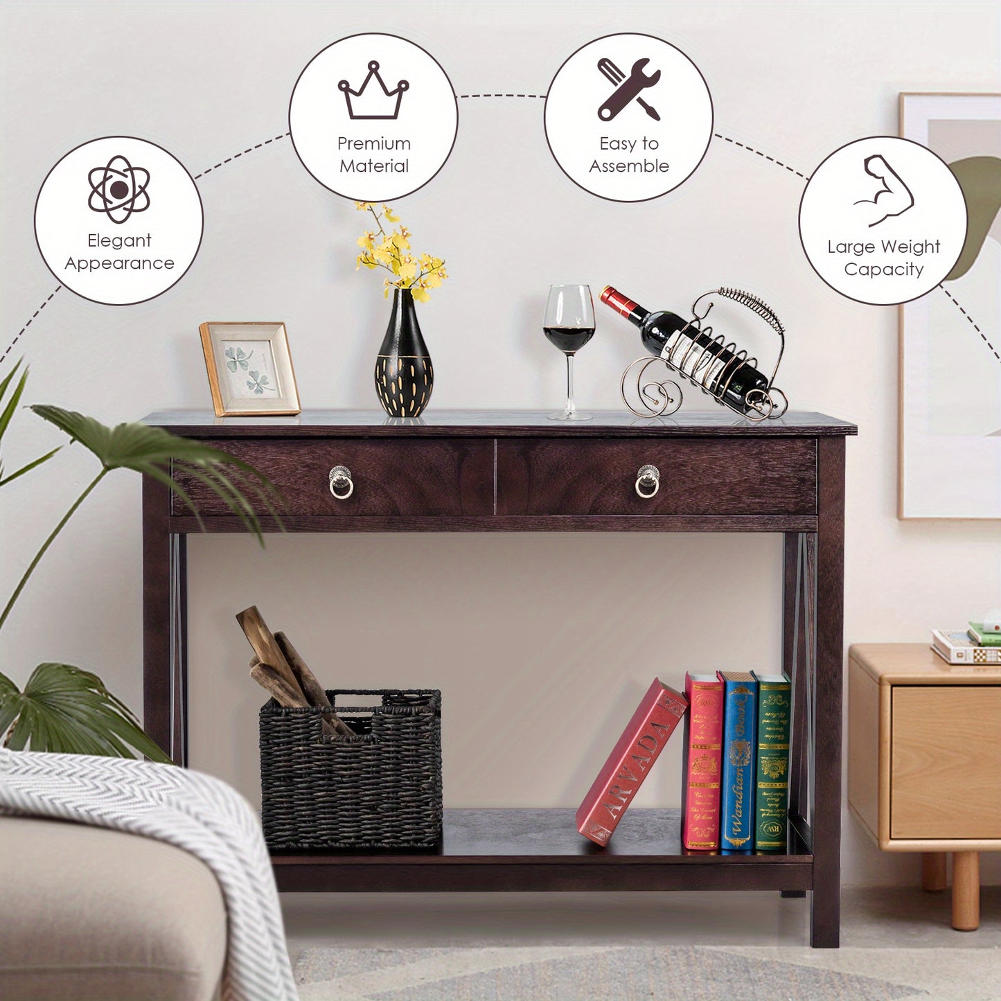 Sidetable – Console Tafel – Bijzettafel – Accenttafel – Sofa Tafel – Espresso Kleur – Massief Hout & MDF – Grote Lade & Onderplank