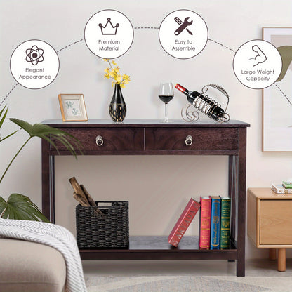 Sidetable – Console Tafel – Bijzettafel – Accenttafel – Sofa Tafel – Espresso Kleur – Massief Hout & MDF – Grote Lade & Onderplank