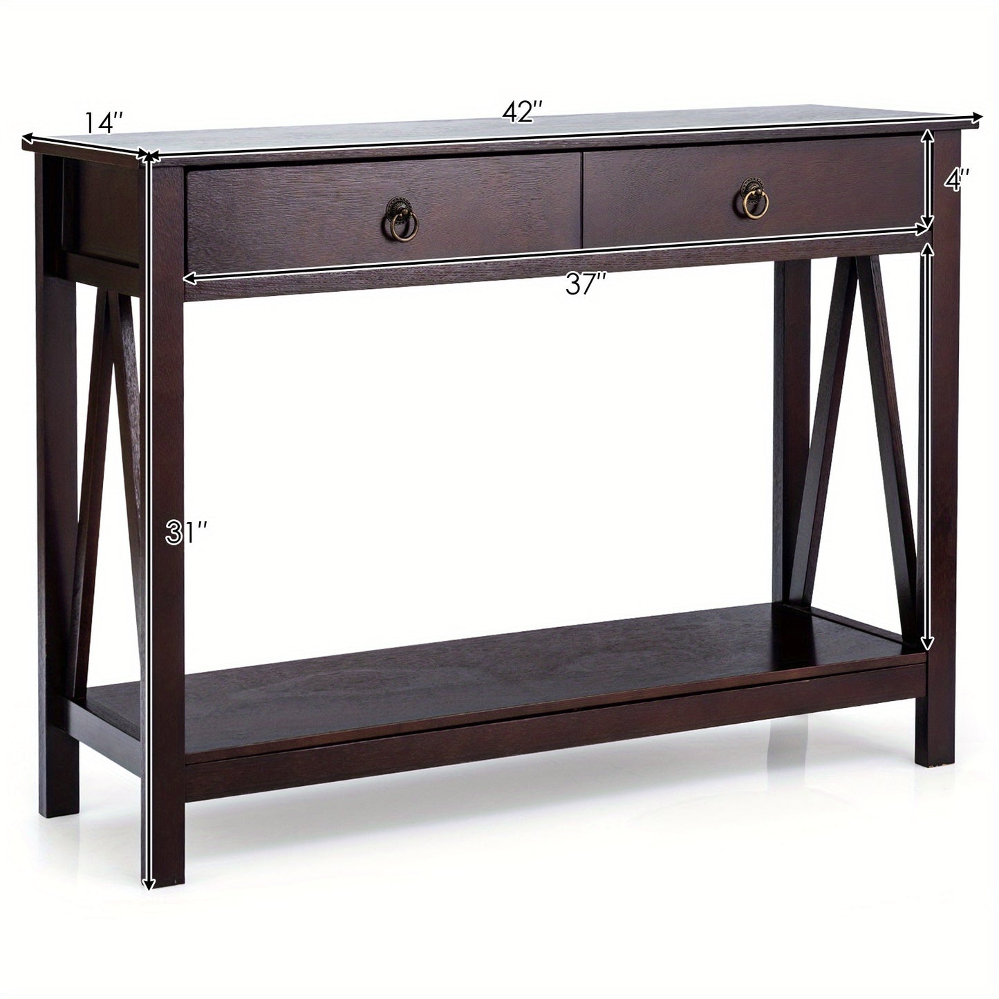 Sidetable – Console Tafel – Bijzettafel – Accenttafel – Sofa Tafel – Espresso Kleur – Massief Hout & MDF – Grote Lade & Onderplank