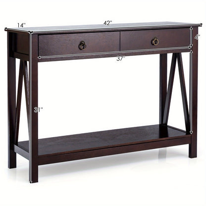 Sidetable – Console Tafel – Bijzettafel – Accenttafel – Sofa Tafel – Espresso Kleur – Massief Hout & MDF – Grote Lade & Onderplank