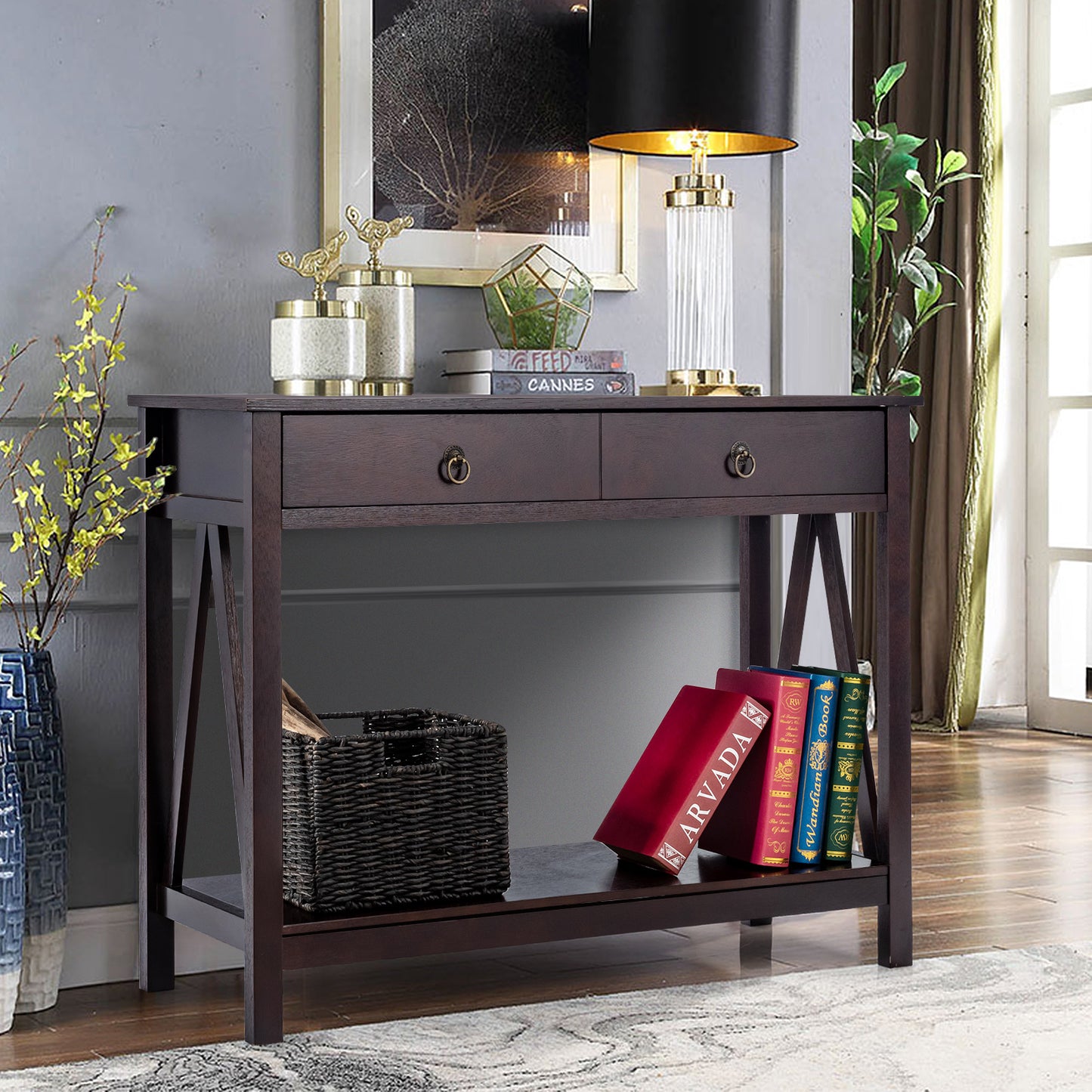 Sidetable – Console Tafel – Bijzettafel – Accenttafel – Sofa Tafel – Espresso Kleur – Massief Hout & MDF – Grote Lade & Onderplank