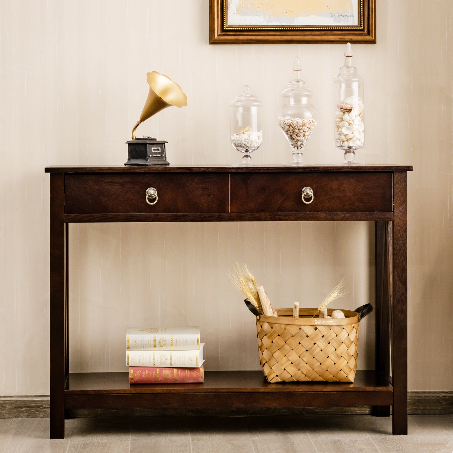 Sidetable – Console Tafel – Bijzettafel – Accenttafel – Sofa Tafel – Espresso Kleur – Massief Hout & MDF – Grote Lade & Onderplank