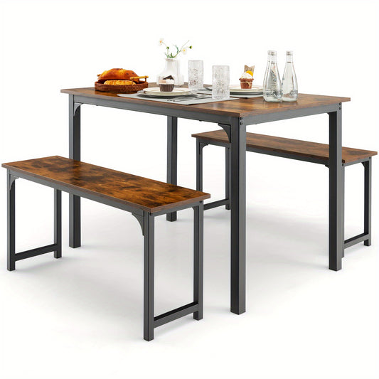 Eettafelset 3-Delig – Eetkamer Set – Zitgroep – Bankenset – Tafel Met Banken – Industrieel Design – Ruimtebesparend – Stalen Frame – Bruin