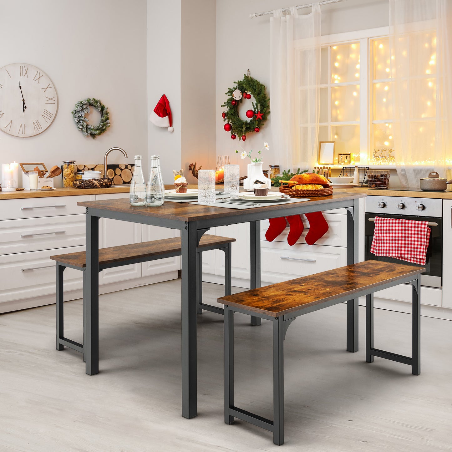 Eettafelset 3-Delig – Eetkamer Set – Zitgroep – Bankenset – Tafel Met Banken – Industrieel Design – Ruimtebesparend – Stalen Frame – Bruin