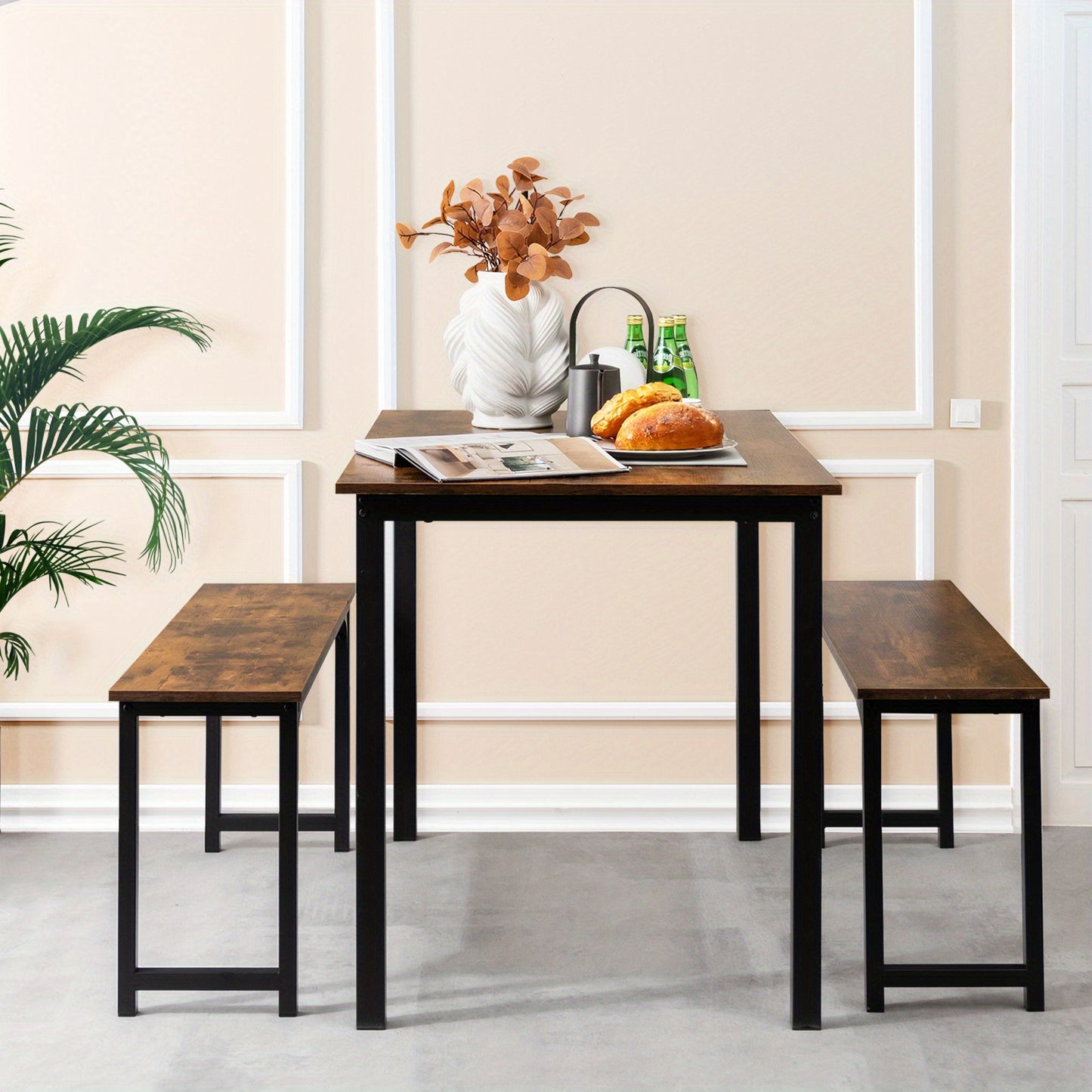 Eettafelset 3-Delig – Eetkamer Set – Zitgroep – Bankenset – Tafel Met Banken – Industrieel Design – Ruimtebesparend – Stalen Frame – Bruin
