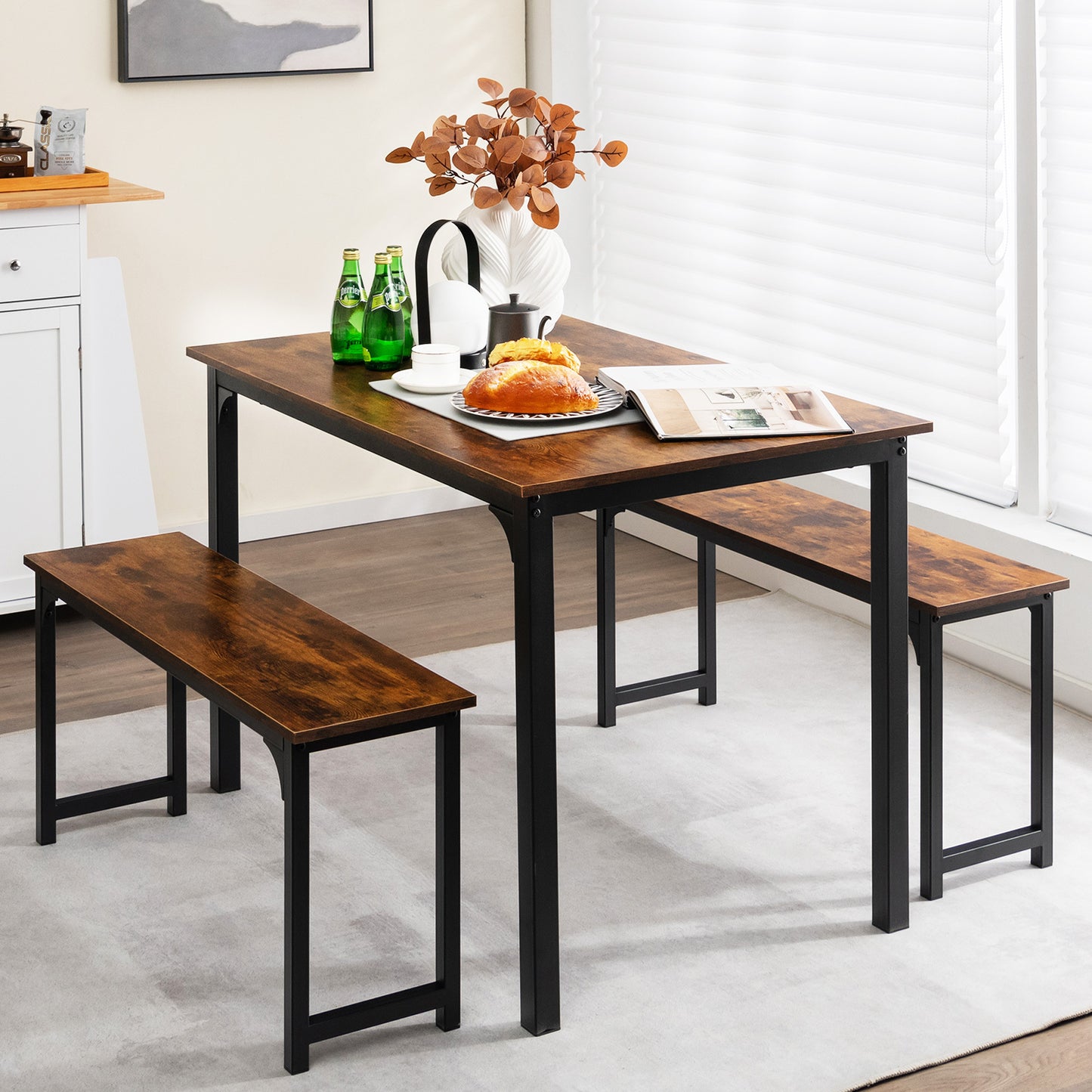 Eettafelset 3-Delig – Eetkamer Set – Zitgroep – Bankenset – Tafel Met Banken – Industrieel Design – Ruimtebesparend – Stalen Frame – Bruin