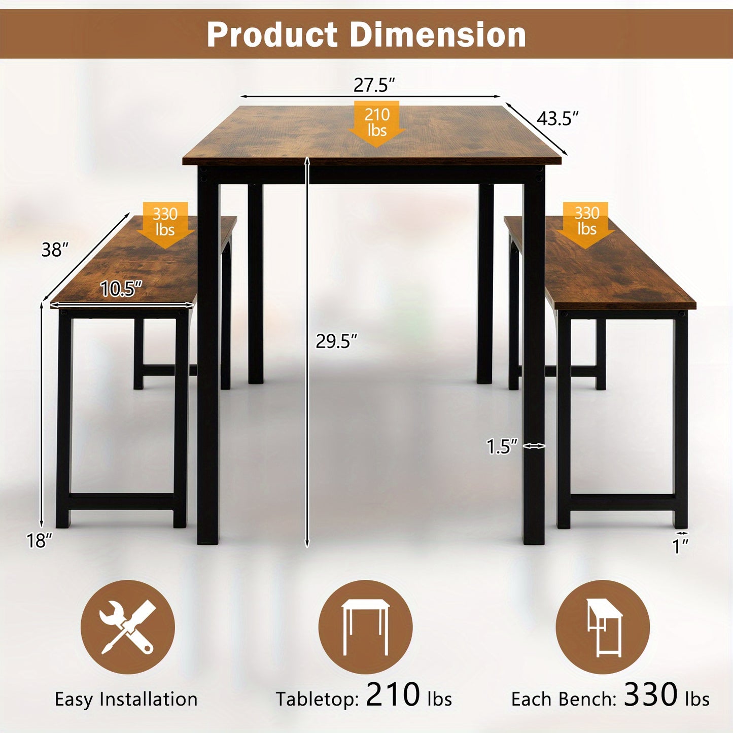 Eettafelset 3-Delig – Eetkamer Set – Zitgroep – Bankenset – Tafel Met Banken – Industrieel Design – Ruimtebesparend – Stalen Frame – Bruin