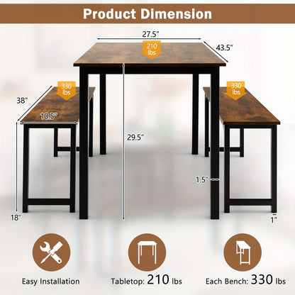 Eettafelset 3-Delig – Eetkamer Set – Zitgroep – Bankenset – Tafel Met Banken – Industrieel Design – Ruimtebesparend – Stalen Frame – Bruin