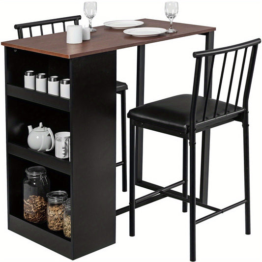 3-delige Eetkamerset – Eettafel Set – Eetkamer Meubel – Compacte Tafel – Opbergtafel – Met 3-zijdige Opbergruimte – 2 Comfortabele Stoelen – Stevig IJzeren Frame – Kunstleren Bekleding