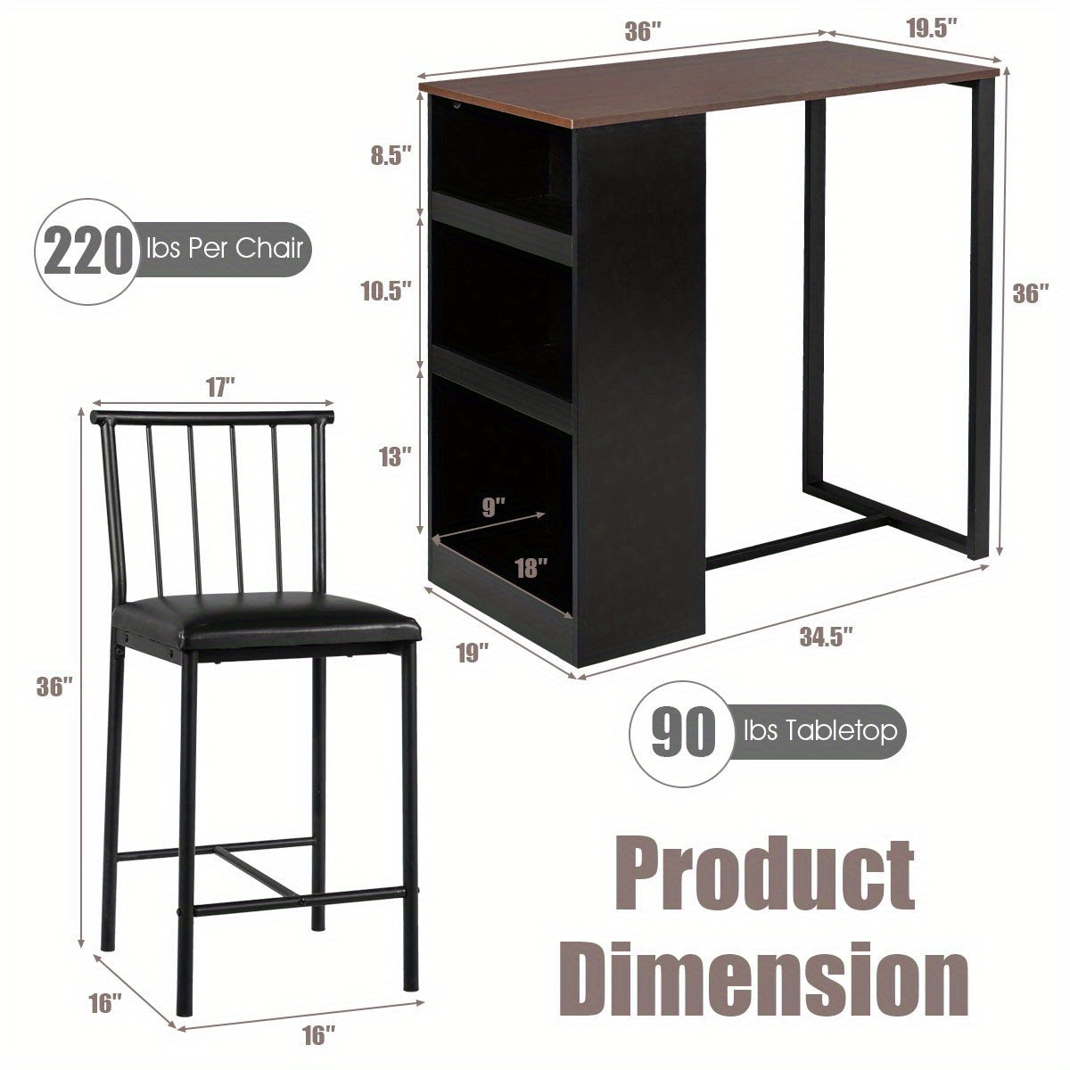 3-delige Eetkamerset – Eettafel Set – Eetkamer Meubel – Compacte Tafel – Opbergtafel – Met 3-zijdige Opbergruimte – 2 Comfortabele Stoelen – Stevig IJzeren Frame – Kunstleren Bekleding