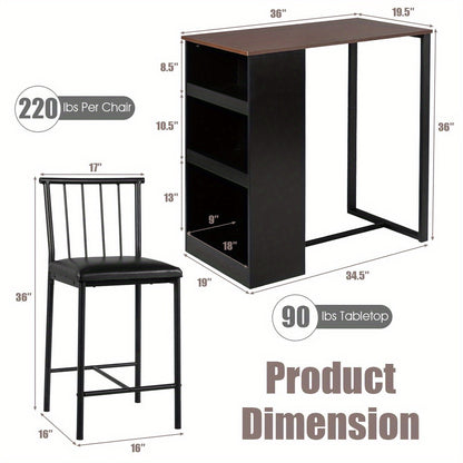3-delige Eetkamerset – Eettafel Set – Eetkamer Meubel – Compacte Tafel – Opbergtafel – Met 3-zijdige Opbergruimte – 2 Comfortabele Stoelen – Stevig IJzeren Frame – Kunstleren Bekleding