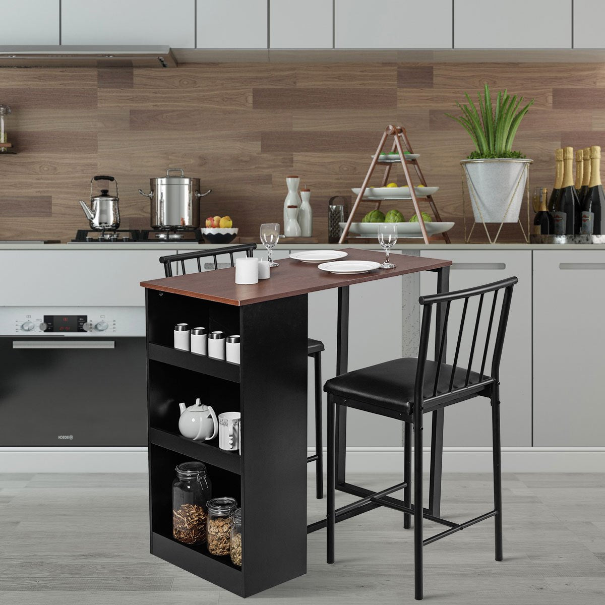 3-delige Eetkamerset – Eettafel Set – Eetkamer Meubel – Compacte Tafel – Opbergtafel – Met 3-zijdige Opbergruimte – 2 Comfortabele Stoelen – Stevig IJzeren Frame – Kunstleren Bekleding