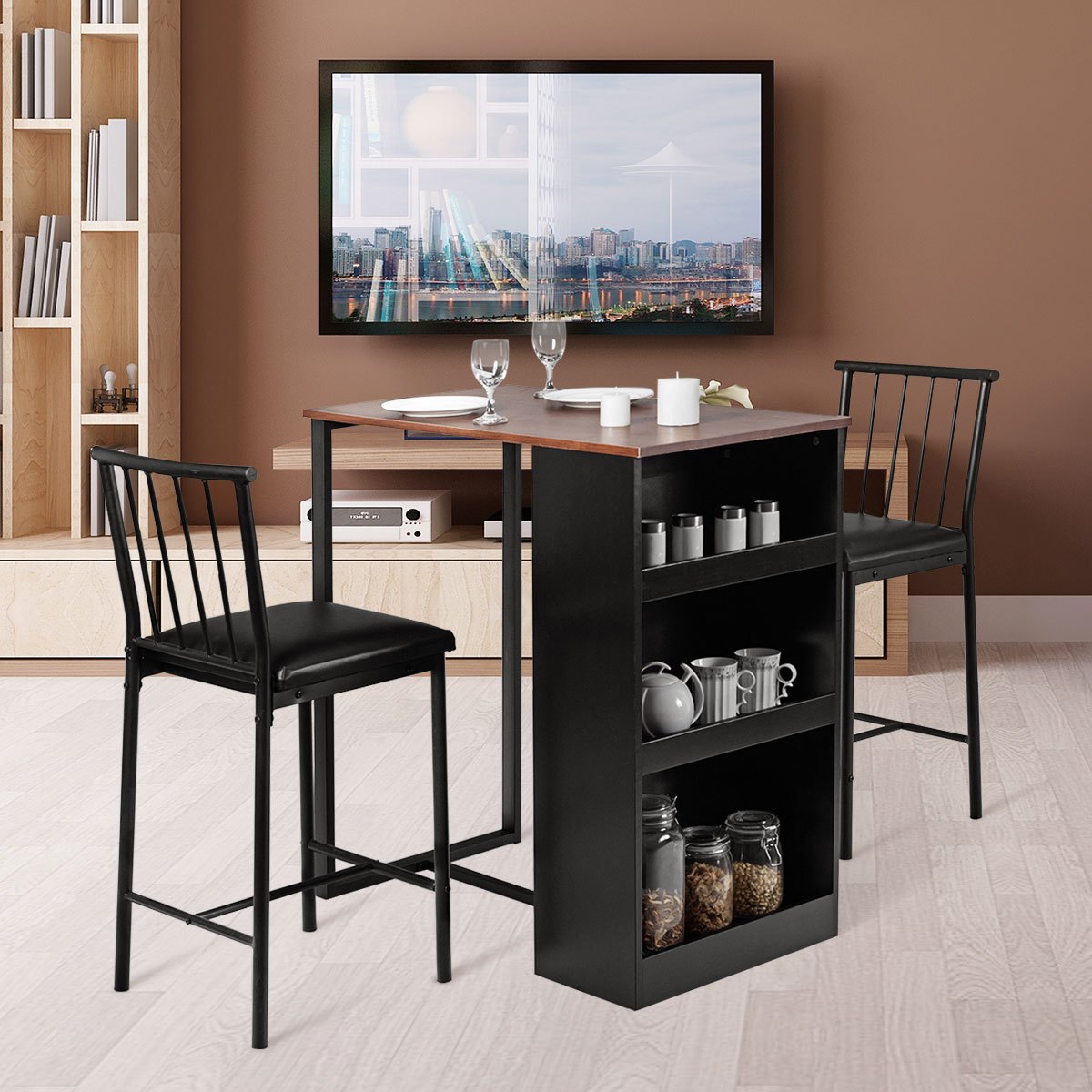 3-delige Eetkamerset – Eettafel Set – Eetkamer Meubel – Compacte Tafel – Opbergtafel – Met 3-zijdige Opbergruimte – 2 Comfortabele Stoelen – Stevig IJzeren Frame – Kunstleren Bekleding