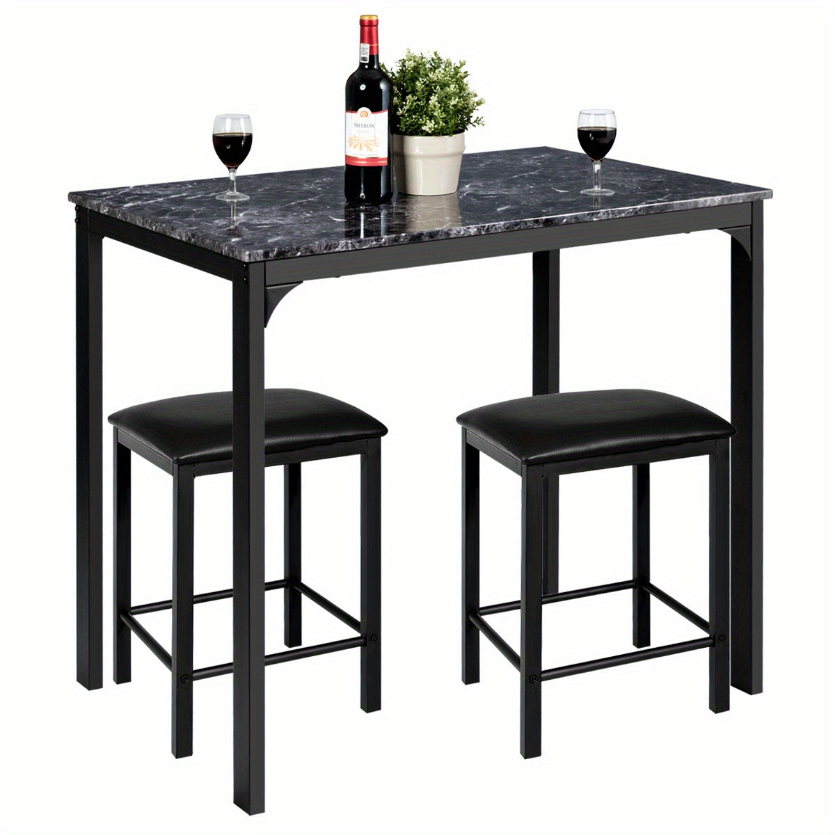 Eettafelset – Barkrukset – Barset – Hoge Tafel Met Krukken – Zwart Met Marmerlook – Compact En Ruimtebesparend – Comfortabele Schuimkussens