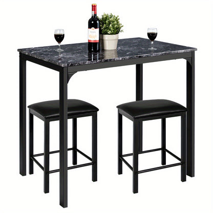 Eettafelset – Barkrukset – Barset – Hoge Tafel Met Krukken – Zwart Met Marmerlook – Compact En Ruimtebesparend – Comfortabele Schuimkussens