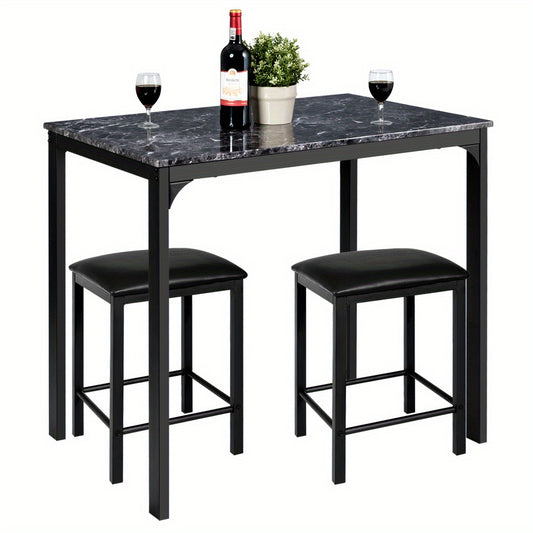 Eettafelset – Barkrukset – Barset – Hoge Tafel Met Krukken – Zwart Met Marmerlook – Compact En Ruimtebesparend – Comfortabele Schuimkussens