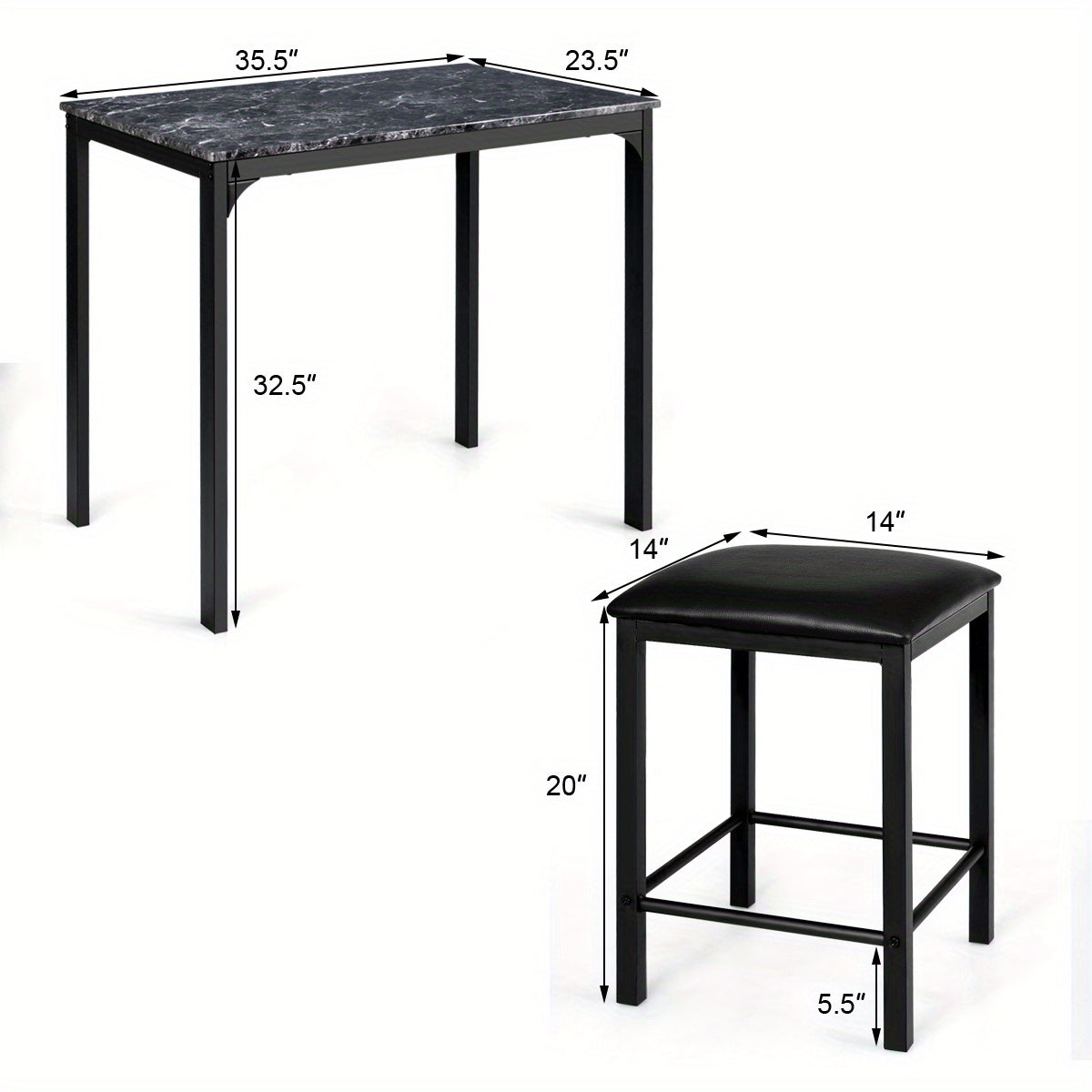 Eettafelset – Barkrukset – Barset – Hoge Tafel Met Krukken – Zwart Met Marmerlook – Compact En Ruimtebesparend – Comfortabele Schuimkussens