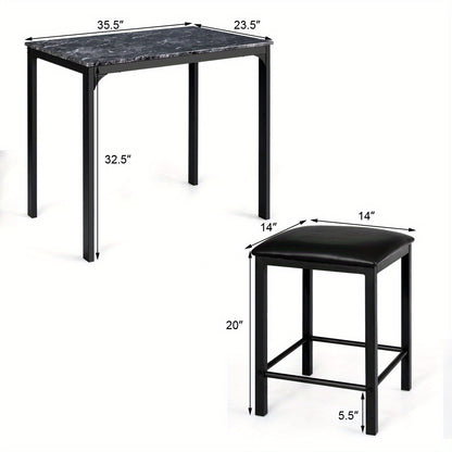 Eettafelset – Barkrukset – Barset – Hoge Tafel Met Krukken – Zwart Met Marmerlook – Compact En Ruimtebesparend – Comfortabele Schuimkussens