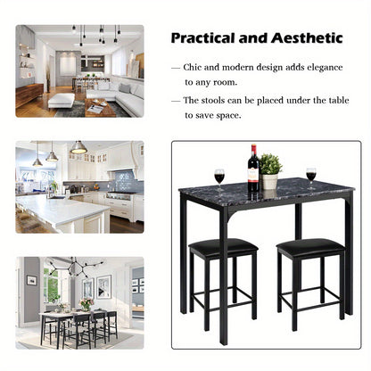 Eettafelset – Barkrukset – Barset – Hoge Tafel Met Krukken – Zwart Met Marmerlook – Compact En Ruimtebesparend – Comfortabele Schuimkussens