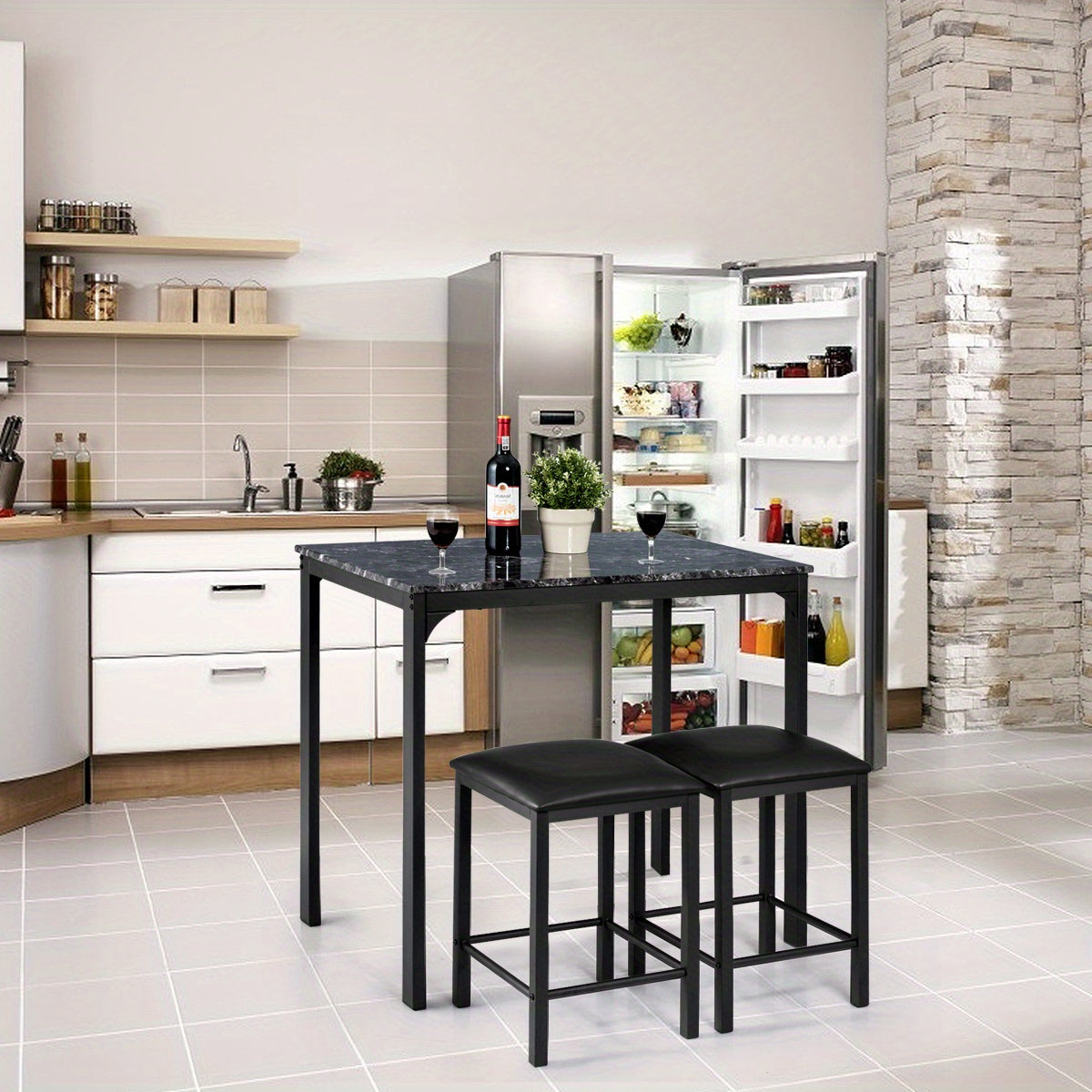 Eettafelset – Barkrukset – Barset – Hoge Tafel Met Krukken – Zwart Met Marmerlook – Compact En Ruimtebesparend – Comfortabele Schuimkussens