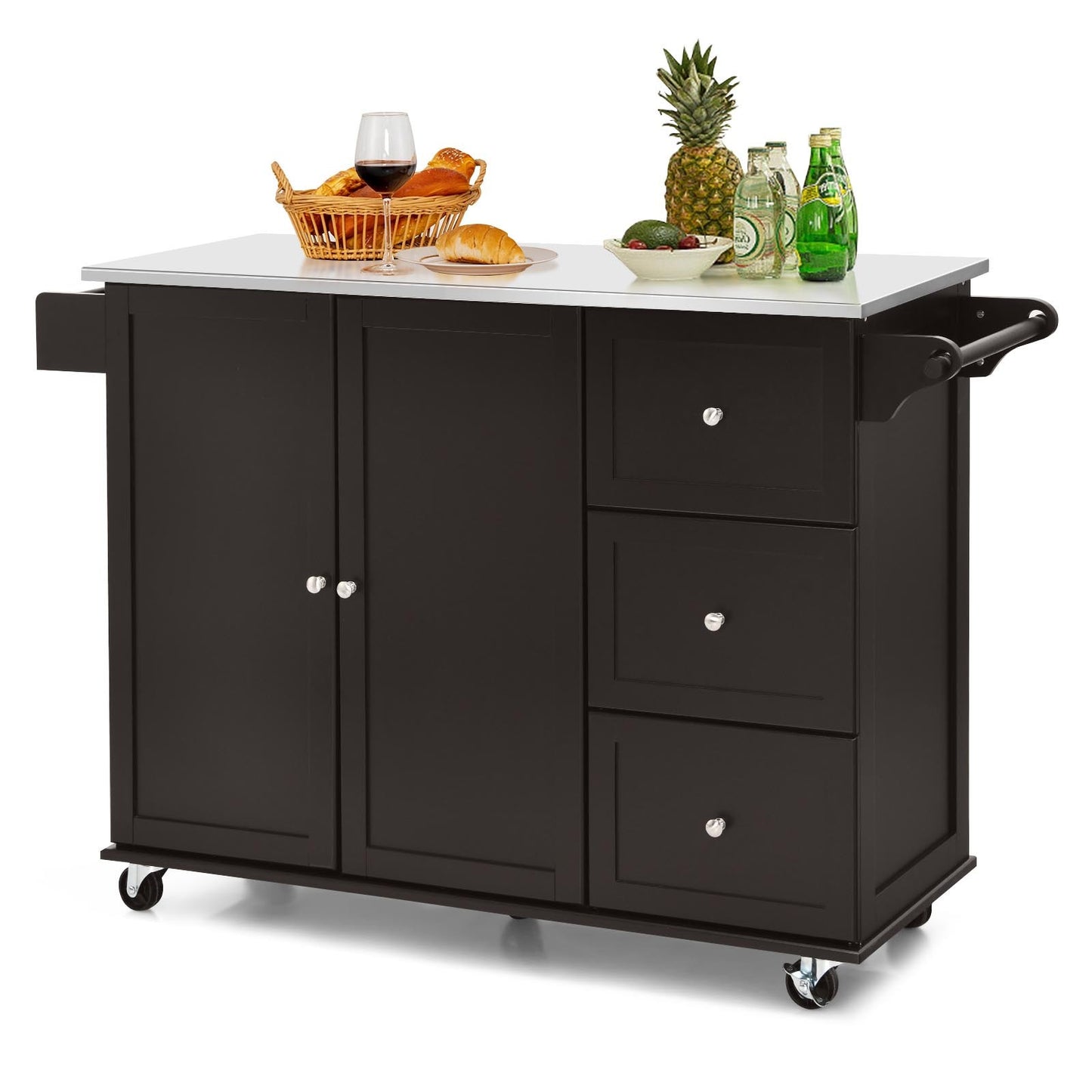 GOFLAME Stainless Steel Kitchen Cart with 3 Drawers & Adjustable Shelf - Mobile Rolling Island Cart on Wheels, Dark Brown, Sturdy MDF Hardwood Construction, Easy Assembly, Space-Saving Design for Modern Kitchens, Kitchen Cart