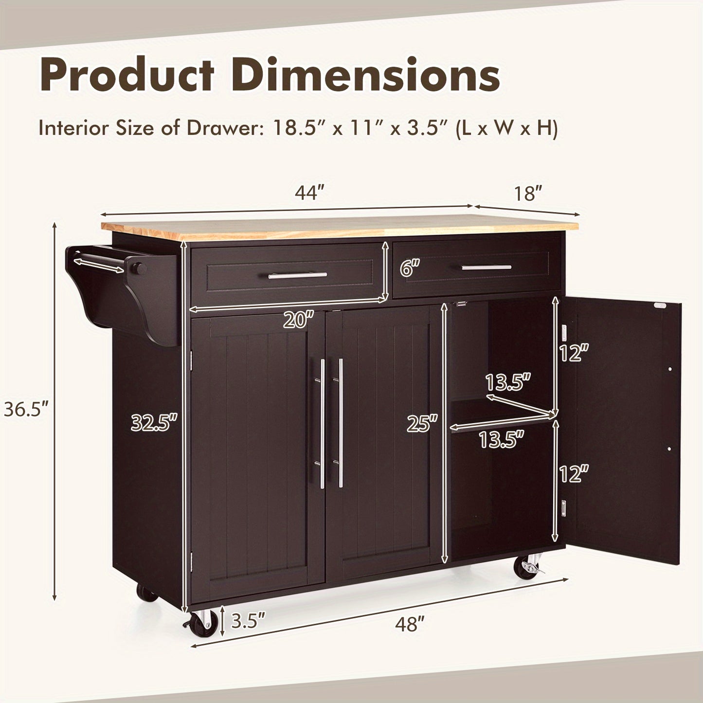 Keukentrolley – Serveerwagen – Keukenwagen – Keukenkastje – Werkbladwagen – Op Wielen – MDF Hout – Ruime Opberglades – Compact Ontwerp – Warm Bruin