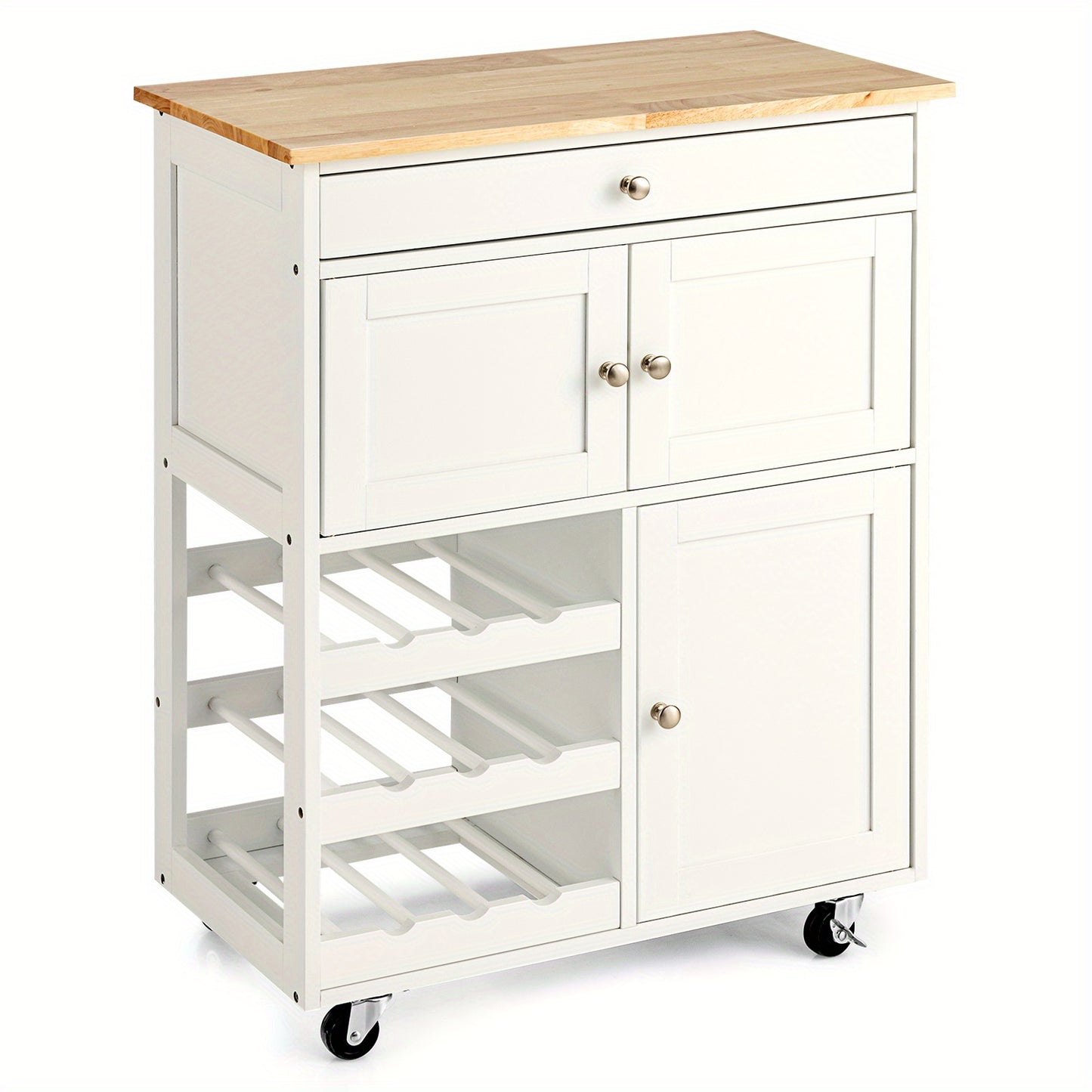 Keukentrolley op Wielen – Keukenwagen – Serveerwagen – Trolley met Lade – Barwagen – Wit met Naturel Houten Blad – Robuust MDF & 136 kg Draagvermogen