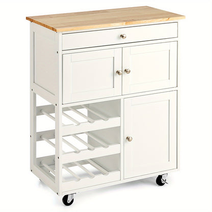 Keukentrolley op Wielen – Keukenwagen – Serveerwagen – Trolley met Lade – Barwagen – Wit met Naturel Houten Blad – Robuust MDF & 136 kg Draagvermogen