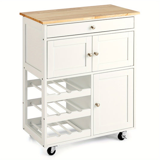 Keukentrolley op Wielen – Keukenwagen – Serveerwagen – Trolley met Lade – Barwagen – Wit met Naturel Houten Blad – Robuust MDF & 136 kg Draagvermogen