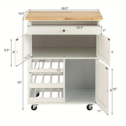 Keukentrolley op Wielen – Keukenwagen – Serveerwagen – Trolley met Lade – Barwagen – Wit met Naturel Houten Blad – Robuust MDF & 136 kg Draagvermogen