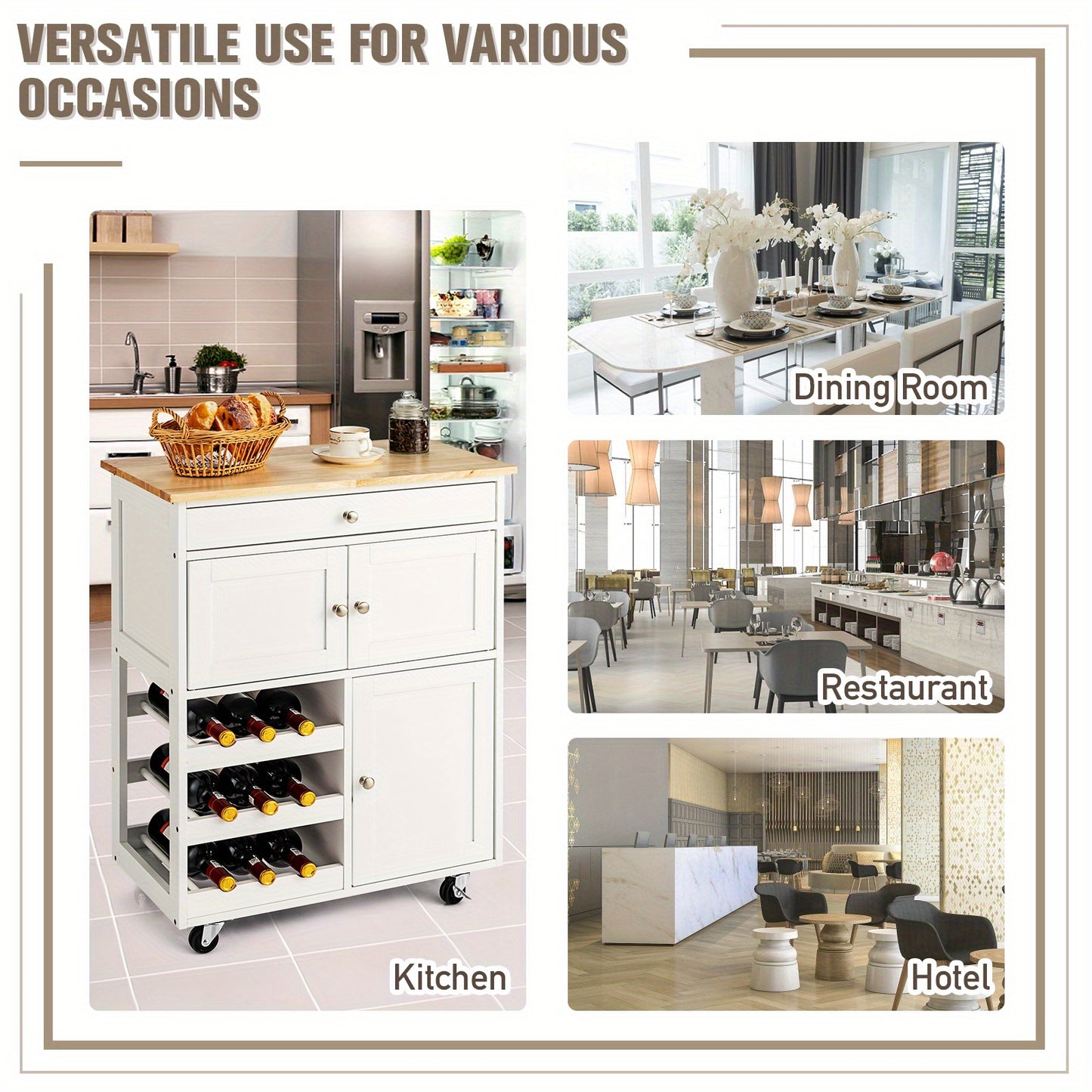 Keukentrolley op Wielen – Keukenwagen – Serveerwagen – Trolley met Lade – Barwagen – Wit met Naturel Houten Blad – Robuust MDF & 136 kg Draagvermogen