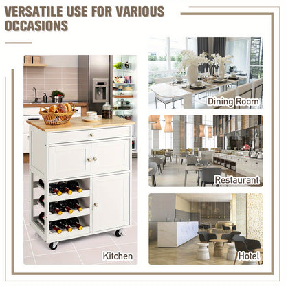 Keukentrolley op Wielen – Keukenwagen – Serveerwagen – Trolley met Lade – Barwagen – Wit met Naturel Houten Blad – Robuust MDF & 136 kg Draagvermogen