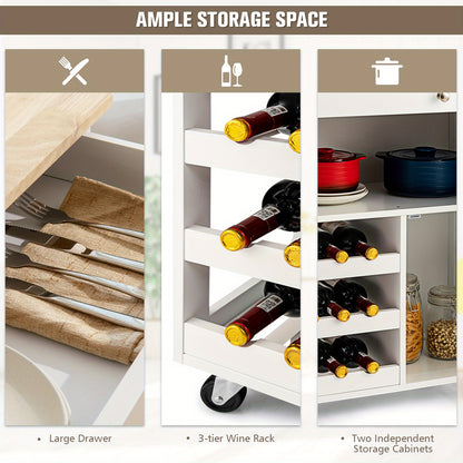 Keukentrolley op Wielen – Keukenwagen – Serveerwagen – Trolley met Lade – Barwagen – Wit met Naturel Houten Blad – Robuust MDF & 136 kg Draagvermogen