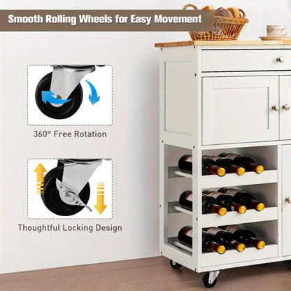 Keukentrolley op Wielen – Keukenwagen – Serveerwagen – Trolley met Lade – Barwagen – Wit met Naturel Houten Blad – Robuust MDF & 136 kg Draagvermogen