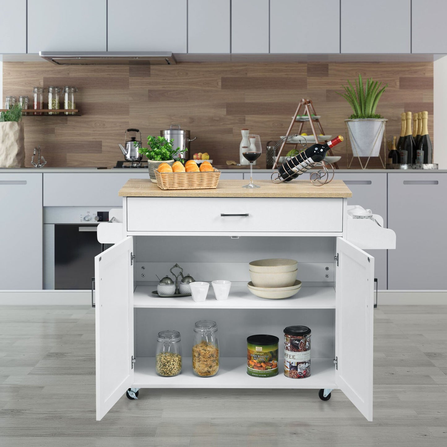 Keukentrolley – Serveerwagen – Opbergtrolley – Werktafel – Keukenwagen – Met Laden En Verstelbare Plank – Wit MDF – 116x40x85 cm – 4 Wieltjes Met Rem